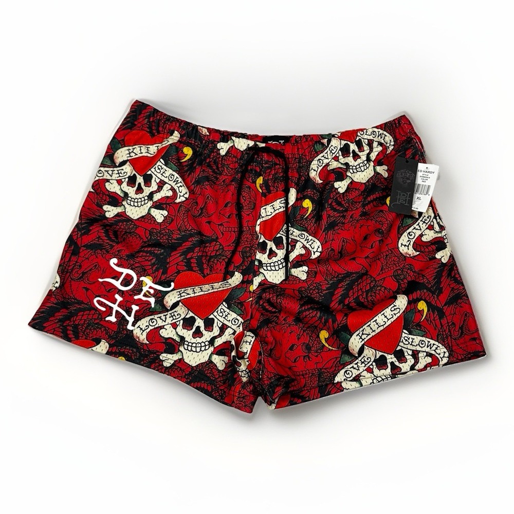 MENS ED HARDY LOVE KILLS SLOWLY MESH LINED DRAWSTRING SHORTS SIZE XL NWT Skulls
